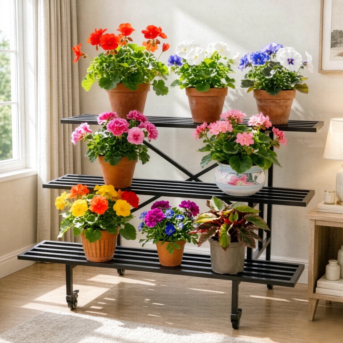 3-Tier Metal Plant Stand with Wheels – 660 lb Rolling Stepped Plant Shelf, Indoor & Outdoor
