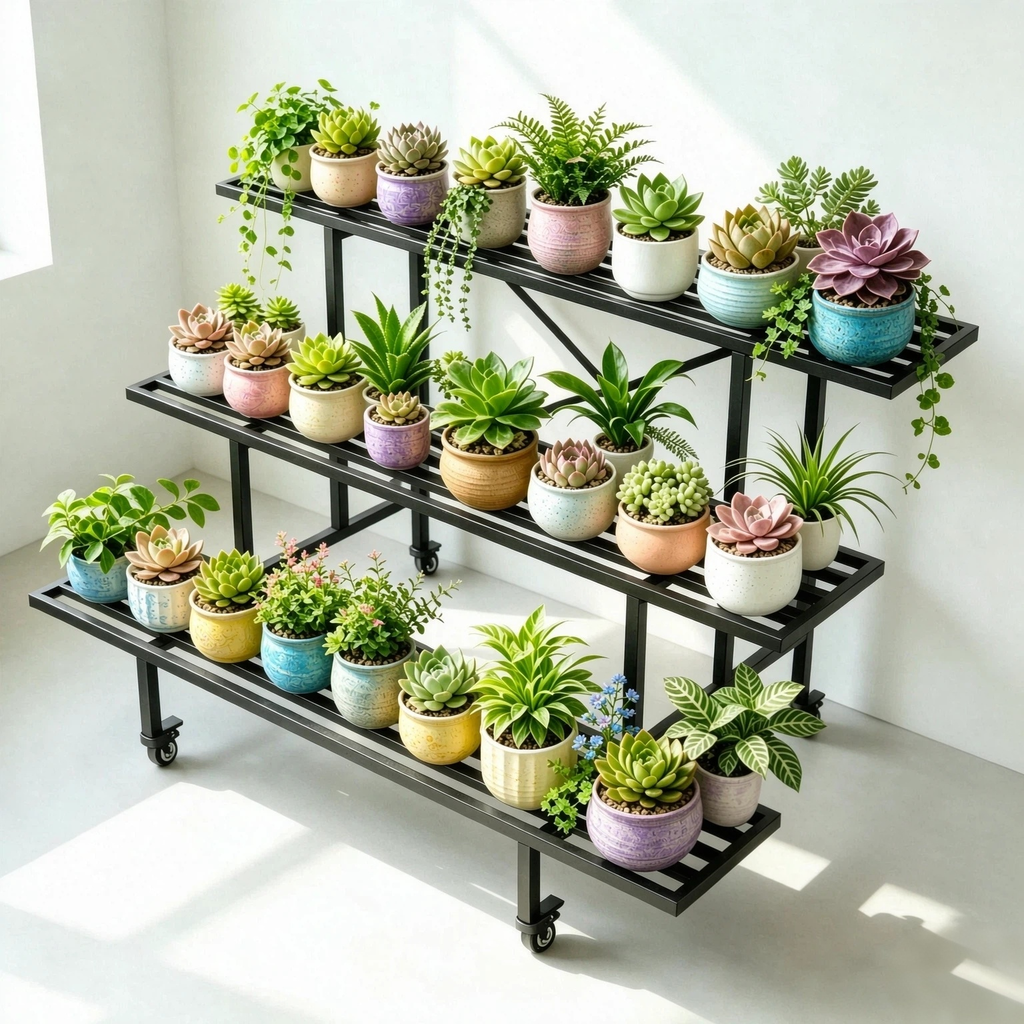 3-Tier Metal Plant Stand with Wheels – 660 lb Rolling Stepped Plant Shelf, Indoor & Outdoor