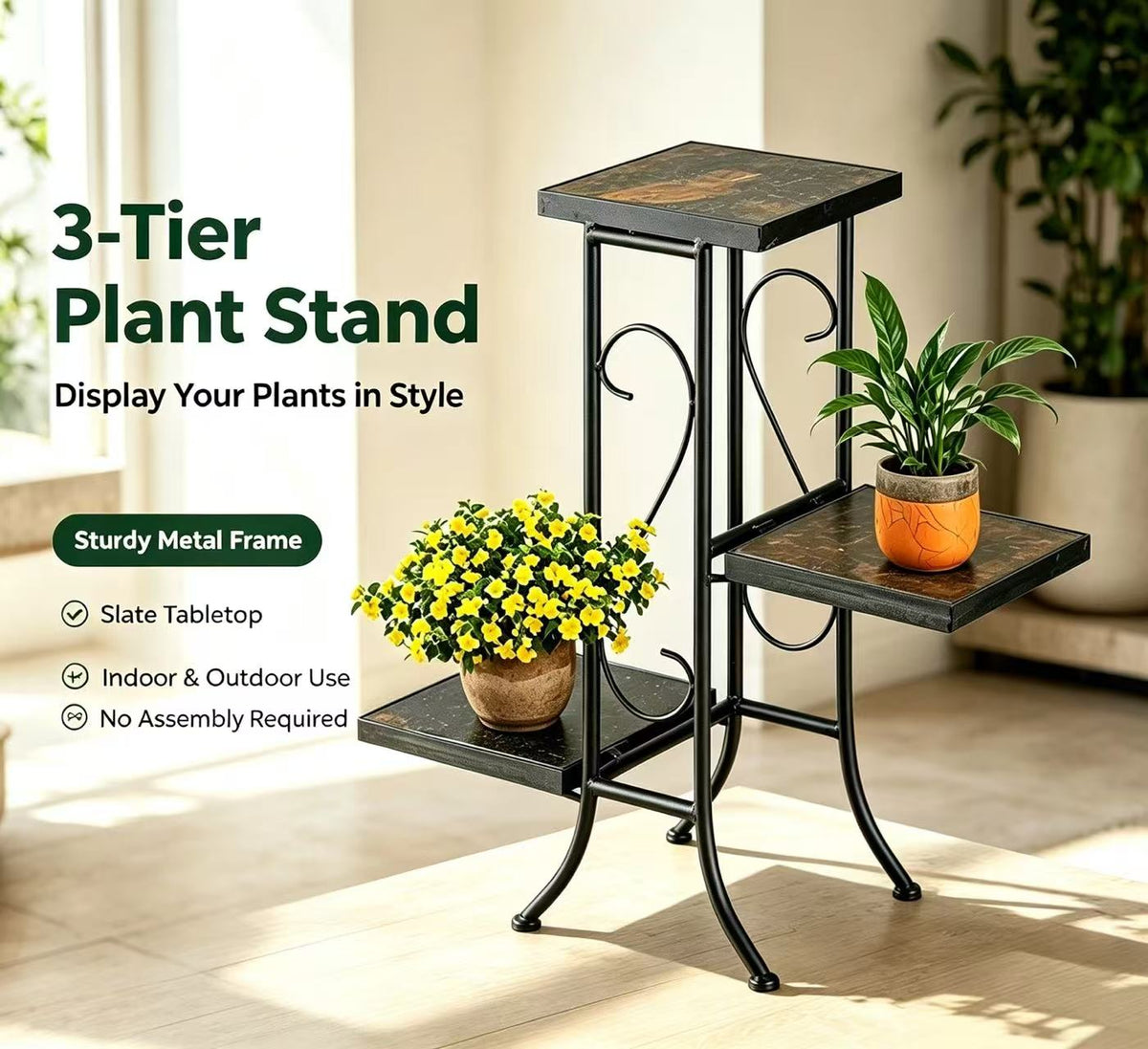 Zhongma 3-Tier Slate Top Plant Stand, 25.6" Fully Assembled Indoor & Outdoor