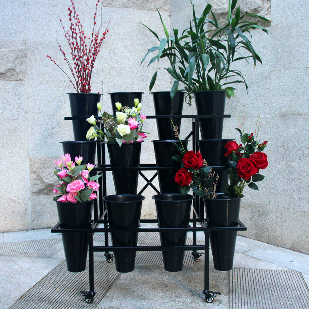 Zhongma 3-Tier Metal Flower Display Stand with 12 Buckets & Wheels