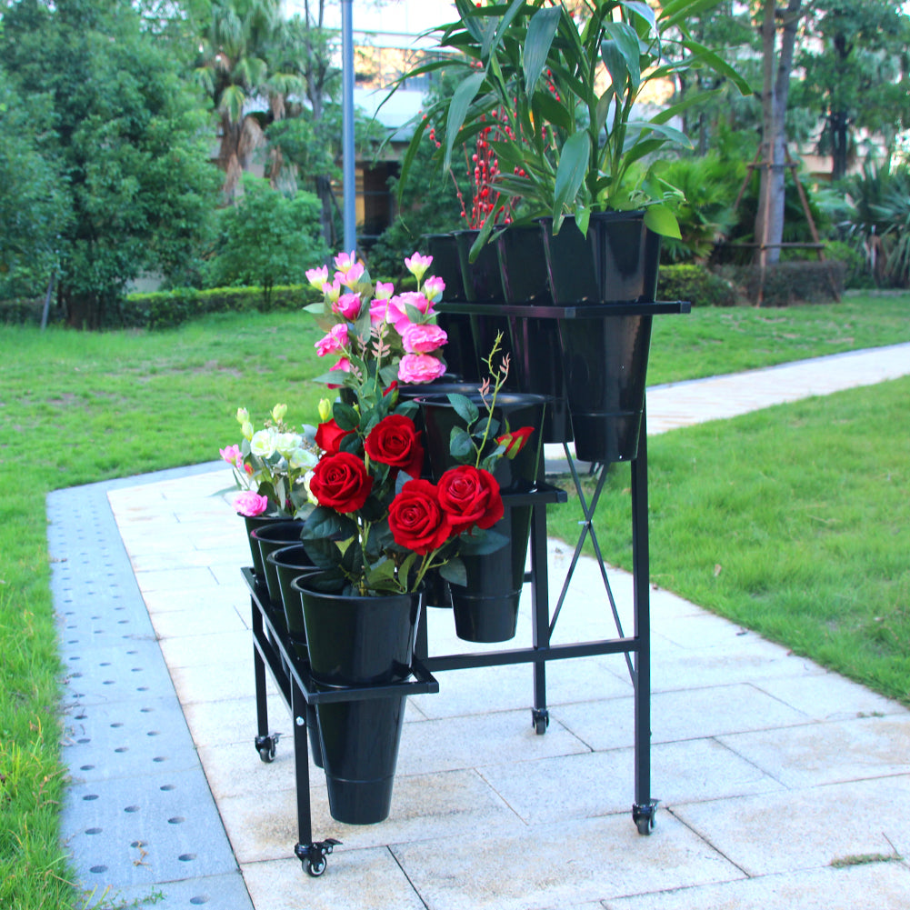Zhongma 3-Tier Metal Flower Display Stand with 12 Buckets & Wheels