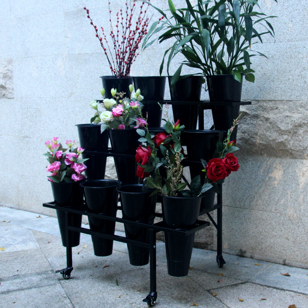 Zhongma 3-Tier Metal Flower Display Stand with 12 Buckets & Wheels