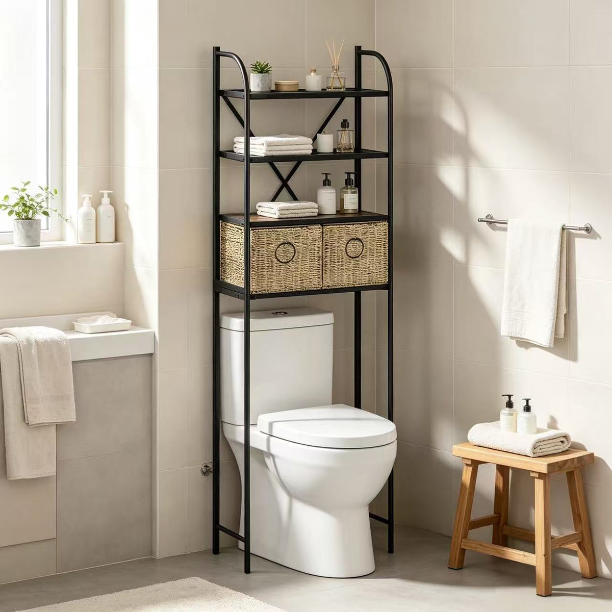 Over-the-Toilet Storage Rack,4-Tier,24-Inch Wide, Baskets & Slate Shelf - Zhongma