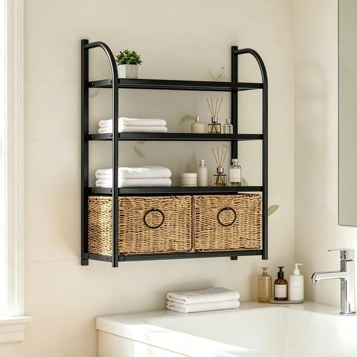Wall-Mounted 4-Tier Bathroom Shelf with 2 Baskets,23.6-Inch Wide, Black Metal - Zhongma