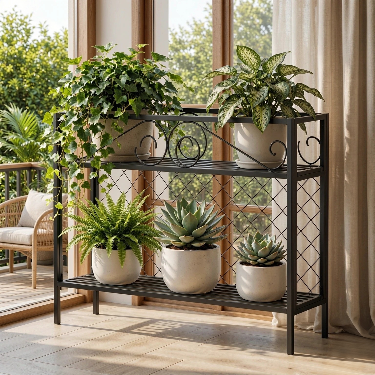 Metal Plant Stand & Room Divider – 47" 2-Tier Freestanding Plant Screen, Indoor & Outdoor