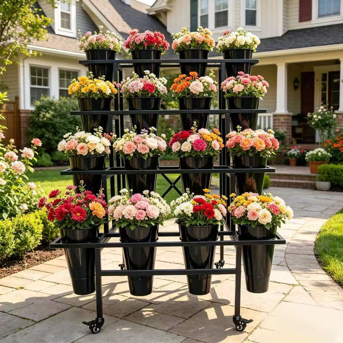 Rolling 4-Tier Metal Flower Display Stand with 16 Buckets & Wheels,44.9-Inch Tall - Zhongma