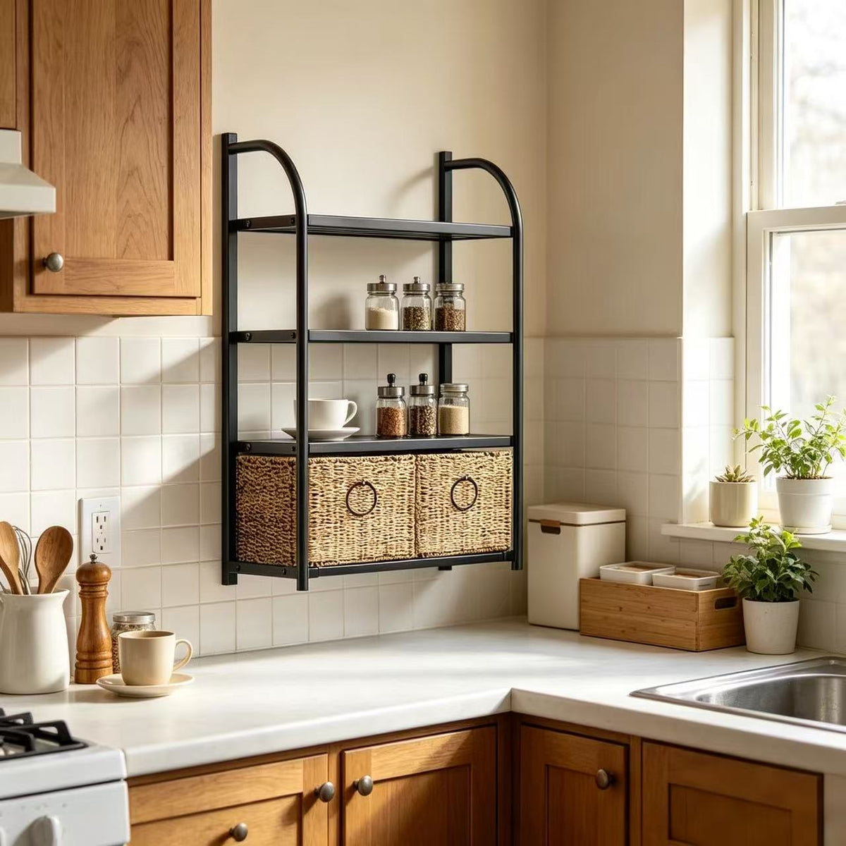 Wall-Mounted 4-Tier Bathroom Shelf with 2 Baskets,23.6-Inch Wide, Black Metal - Zhongma