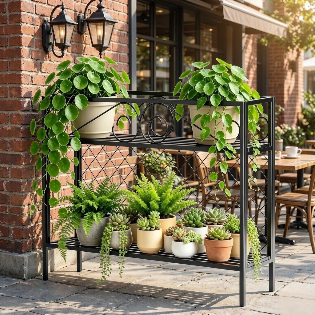 Metal Plant Stand & Room Divider – 47" 2-Tier Freestanding Plant Screen, Indoor & Outdoor