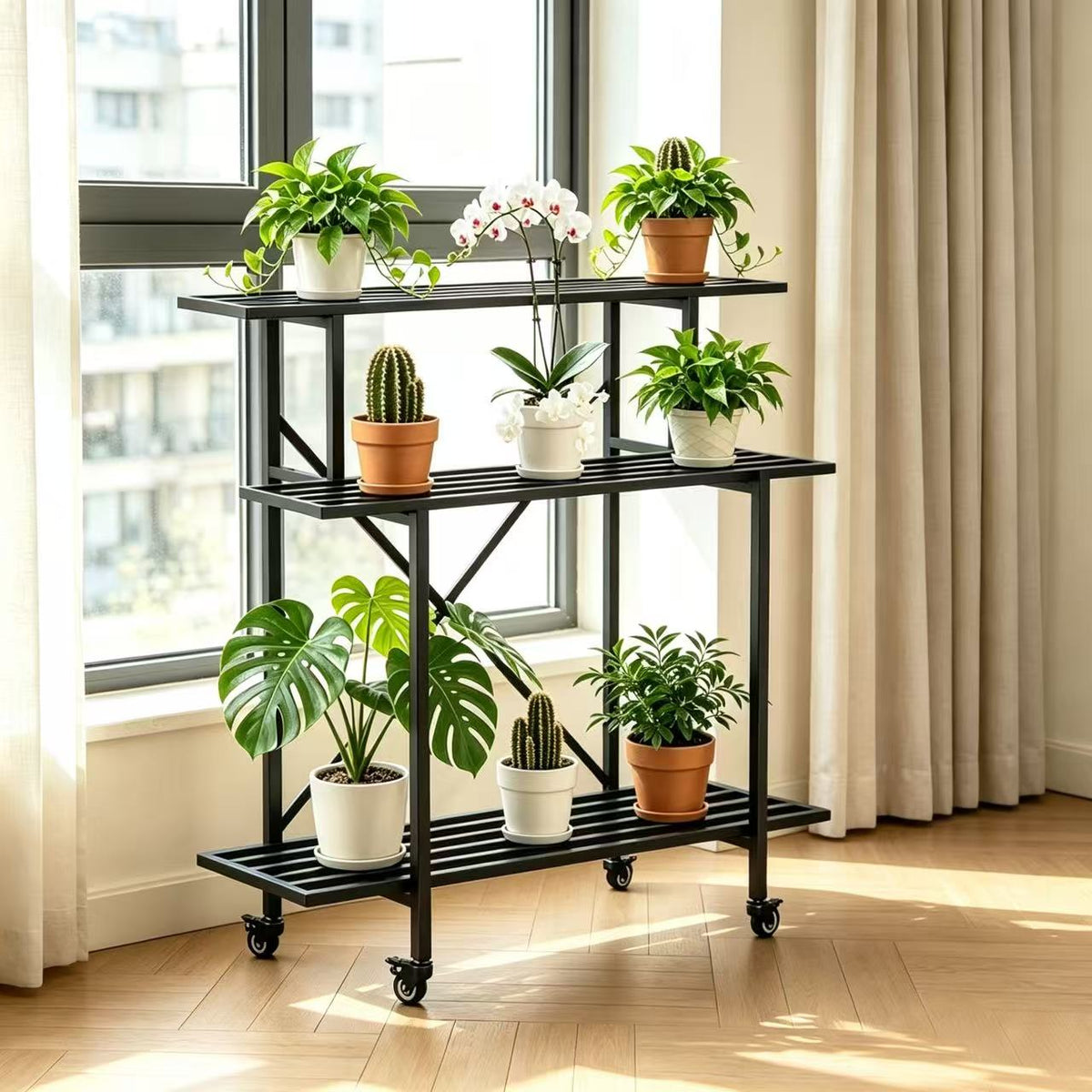Zhongma 3-Tier Tall Narrow Metal Plant Stand with Wheels, 45.7" Indoor & Outdoor