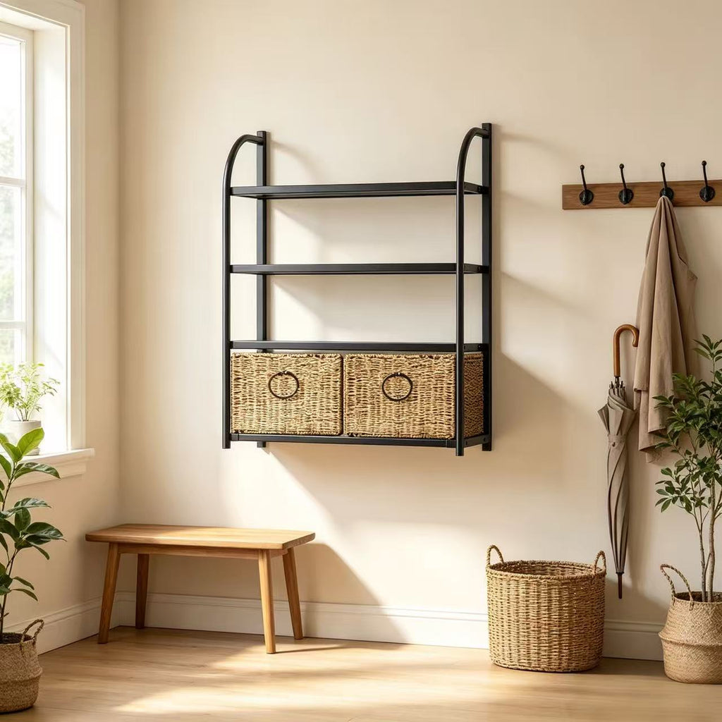 Wall-Mounted 4-Tier Bathroom Shelf with 2 Baskets,23.6-Inch Wide, Black Metal - Zhongma