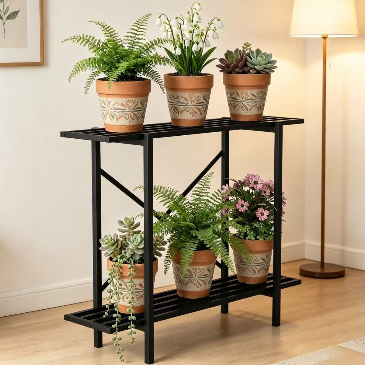 Zhongma 2-Tier Window Height Metal Plant Stand, 35.4" Narrow Indoor & Outdoor