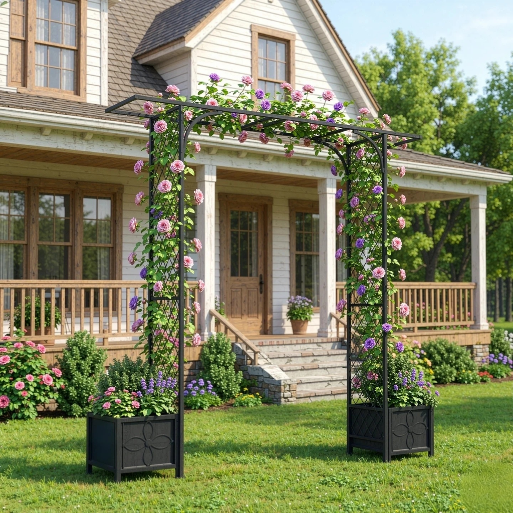 Metal Garden Arbor with 2 Planters,90.5-Inch Wide,83.5-Inch Tall - Zhongma