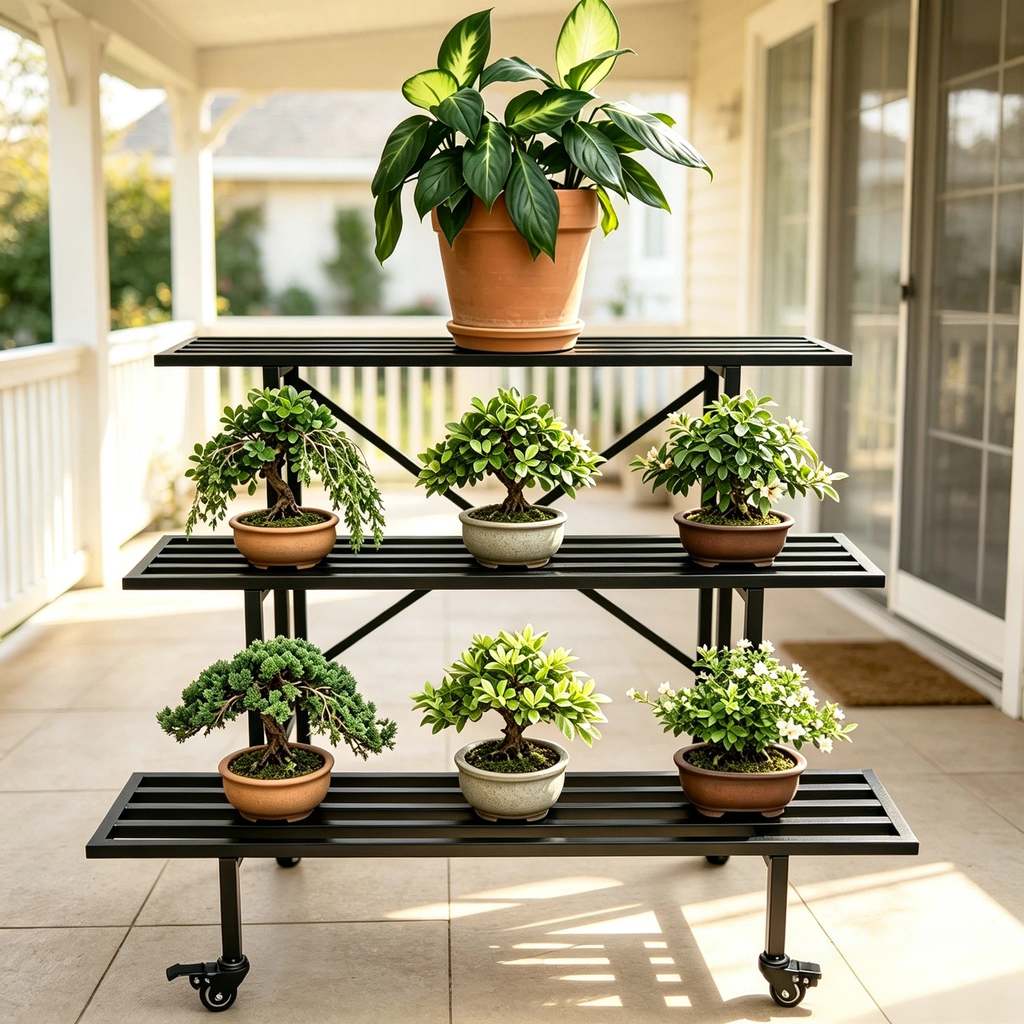 3-Tier Metal Plant Stand with Wheels, 35.4-Inch Long, Indoor & Covered Outdoor - Zhongma