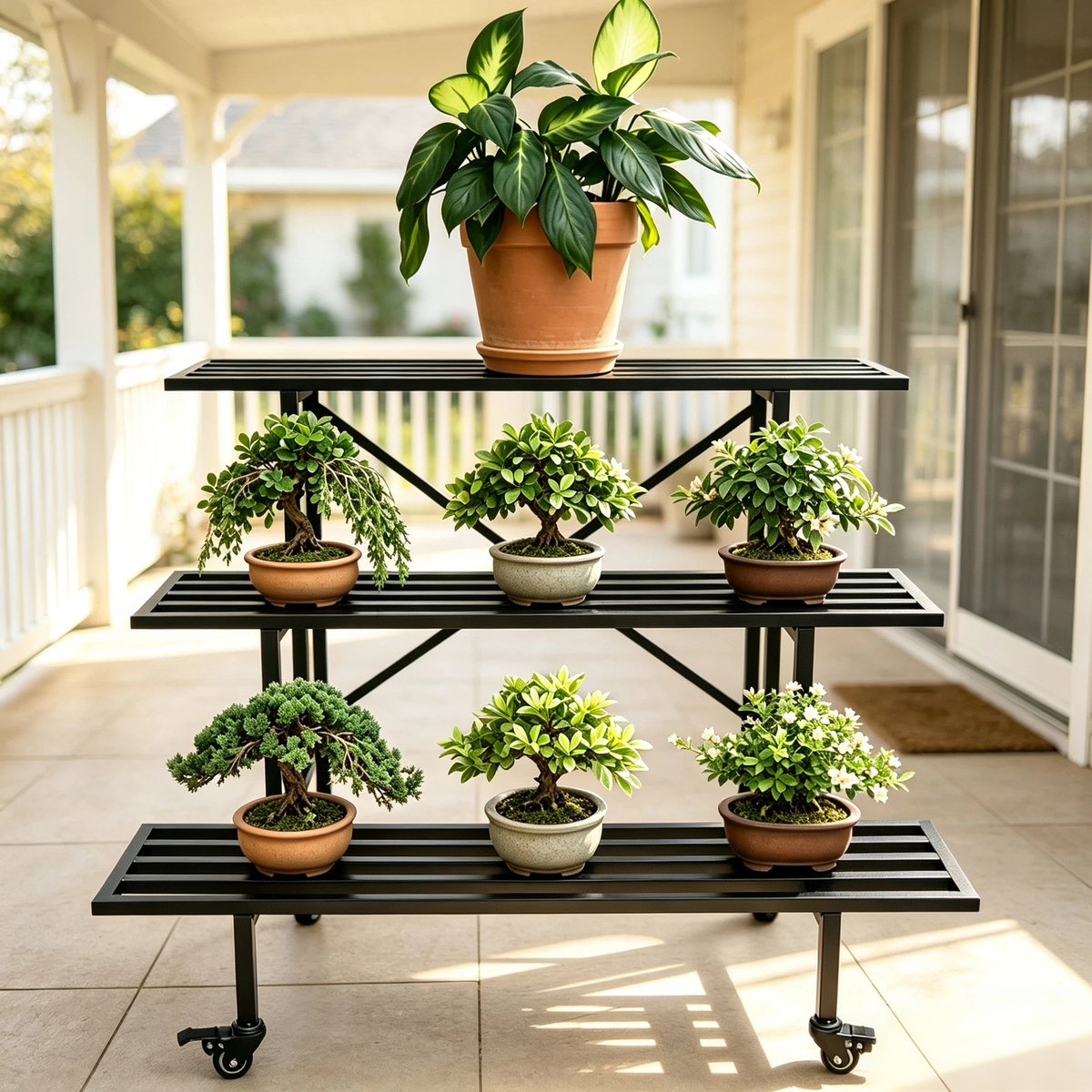 3-Tier Metal Plant Stand with Wheels, 35.4-Inch Long, Indoor & Covered Outdoor - Zhongma