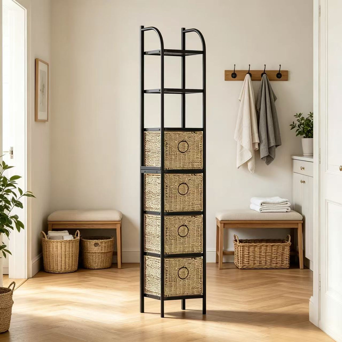 7-Tier Narrow Bathroom Storage Tower, 12.88-Inch Wide, Baskets & Slate - Zhongma