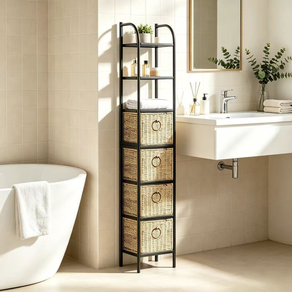 7-Tier Narrow Bathroom Storage Tower, 12.88-Inch Wide, Baskets & Slate - Zhongma