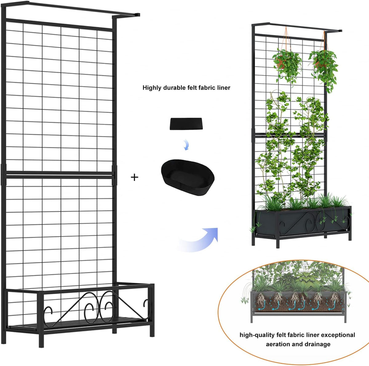 Raised Bed Planter with 74" Trellis, Metal Box & Felt Liner, Indoor & Outdoor|