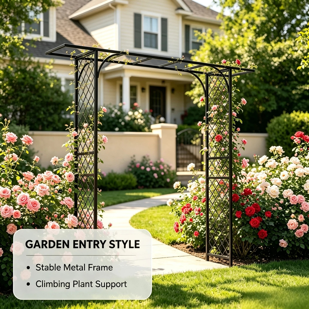 Metal Garden Arch for Climbing Plants,90.5-Inch Tall with Ground Stakes - Zhongma