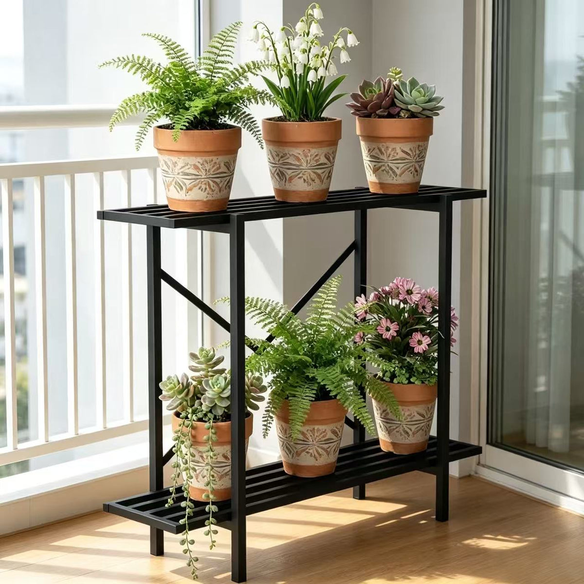 Zhongma 2-Tier Window Height Metal Plant Stand, 35.4" Narrow Indoor & Outdoor