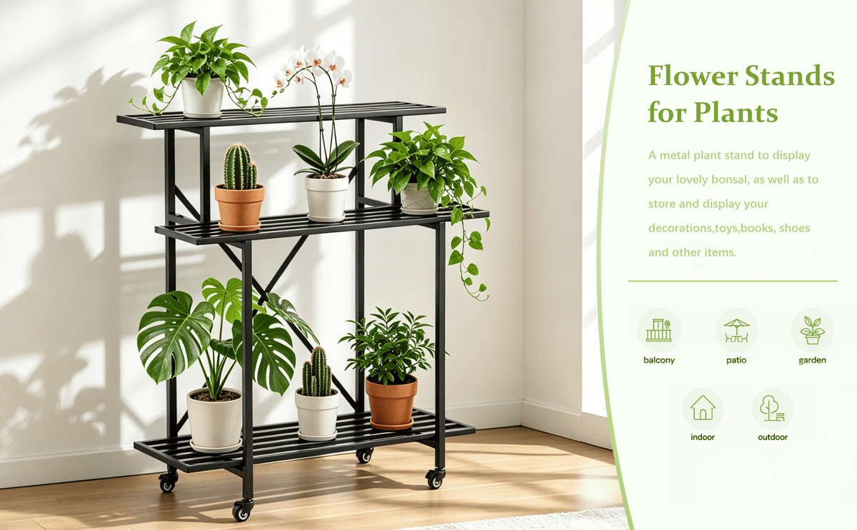 Zhongma 3-Tier Tall Narrow Metal Plant Stand with Wheels, 35.4" Indoor & Outdoor