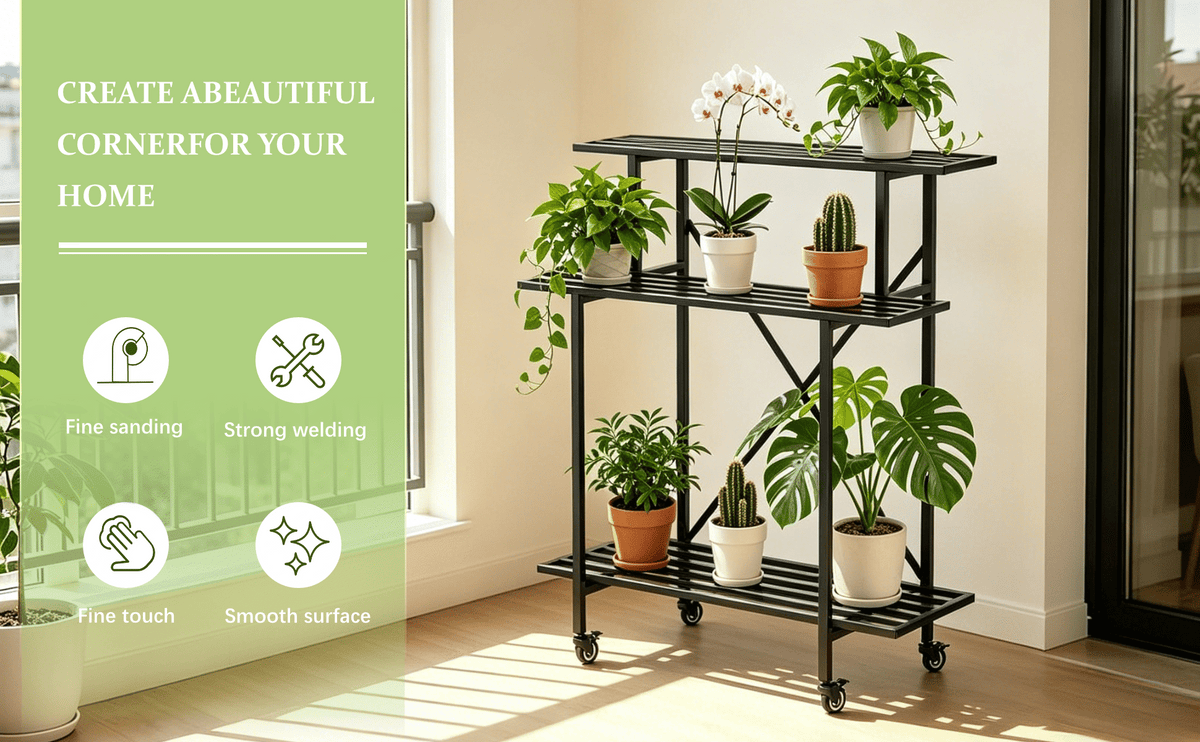 Zhongma 3-Tier Tall Narrow Metal Plant Stand with Wheels, 35.4" Indoor & Outdoor