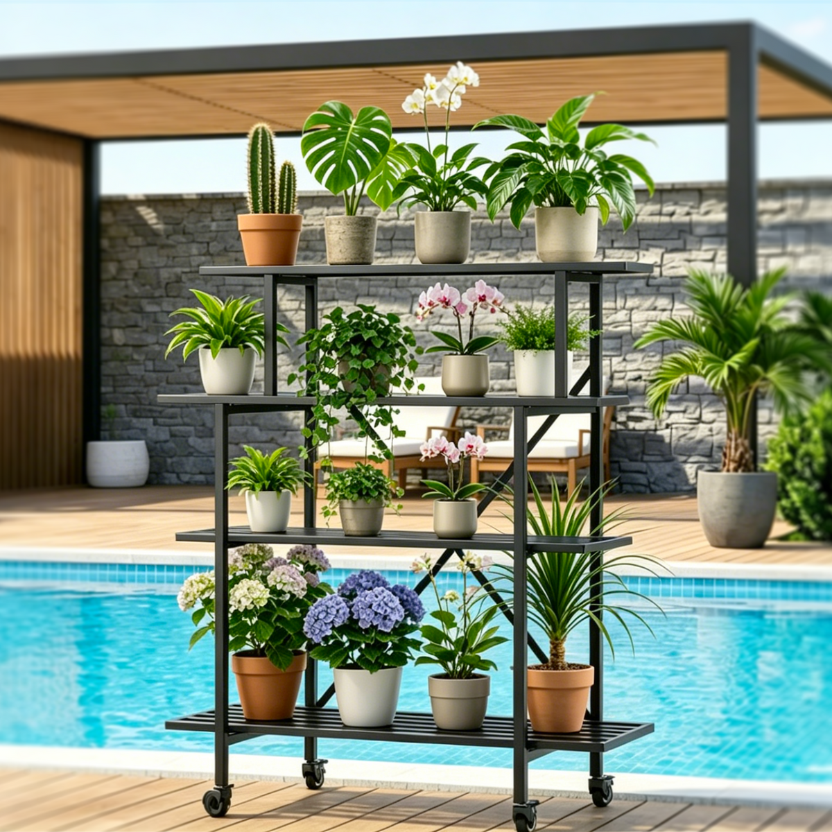 Zhongma 3-Tier Tall Narrow Metal Plant Stand with Wheels, 35.4" Indoor & Outdoor