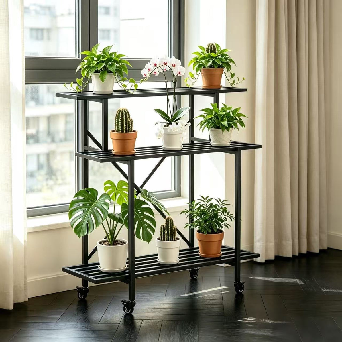 3-Tier Tall Narrow Metal Plant Stand with Wheels, 40.8", 35.43" x 17.32", 660 lbs