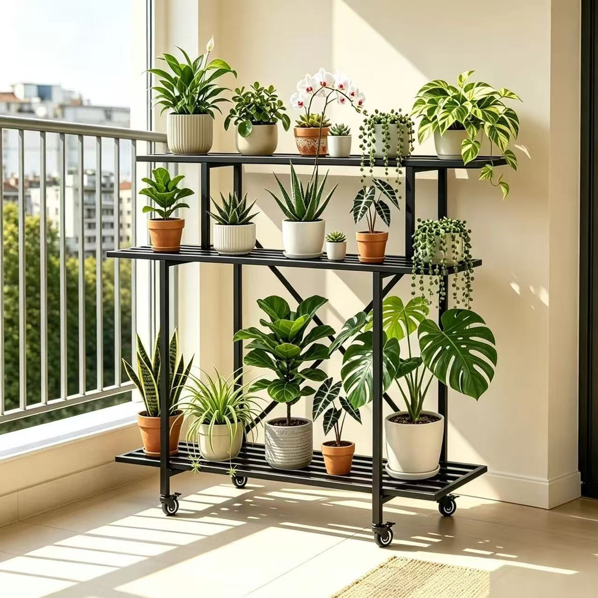 3-Tier Tall Narrow Metal Plant Stand with Wheels, 40.8", 35.43" x 17.32", 660 lbs