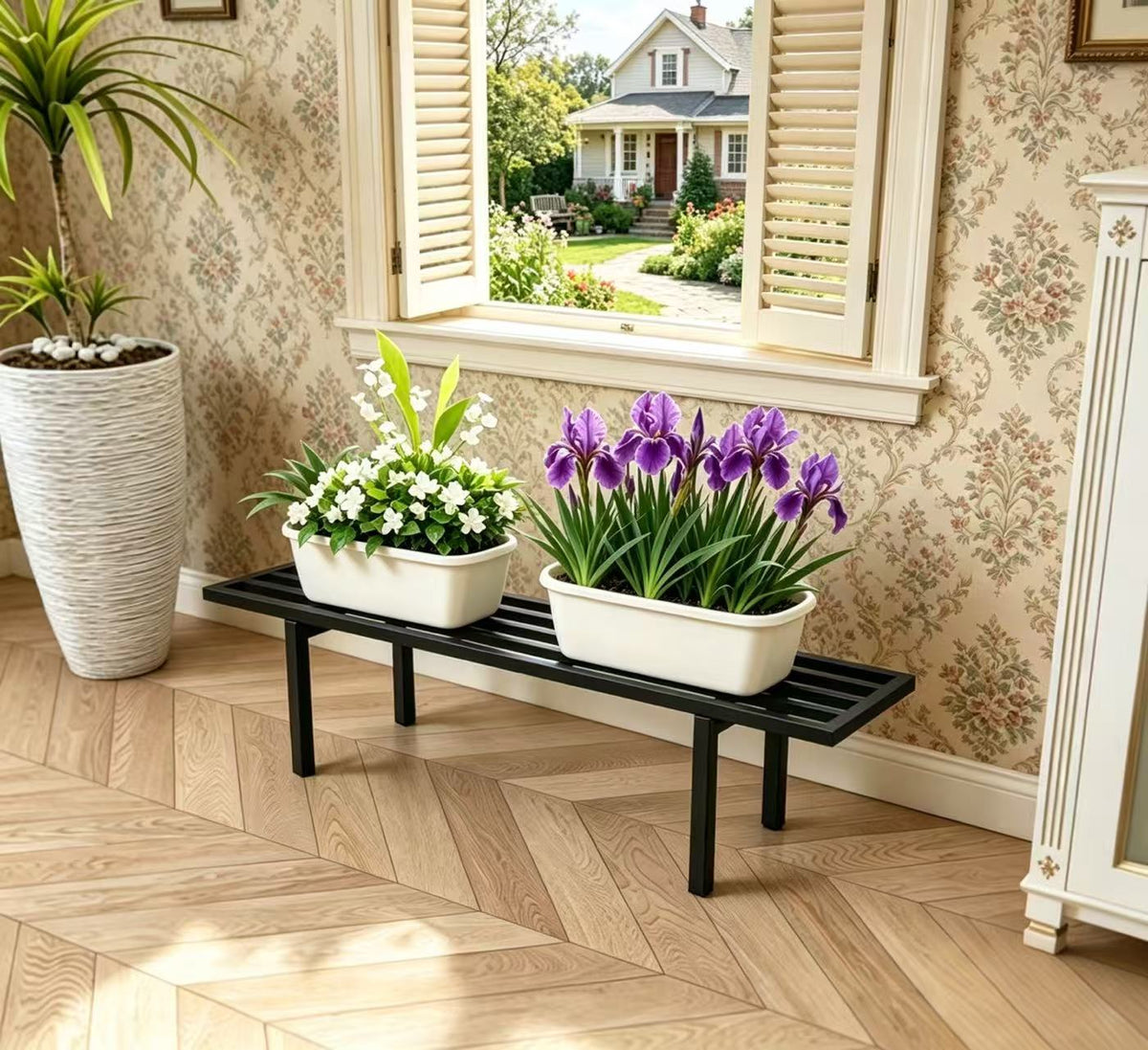 Low-Profile Metal Plant Stand,35.4Inch Long Plant Shelf, Indoor & Outdoor - Zhongma