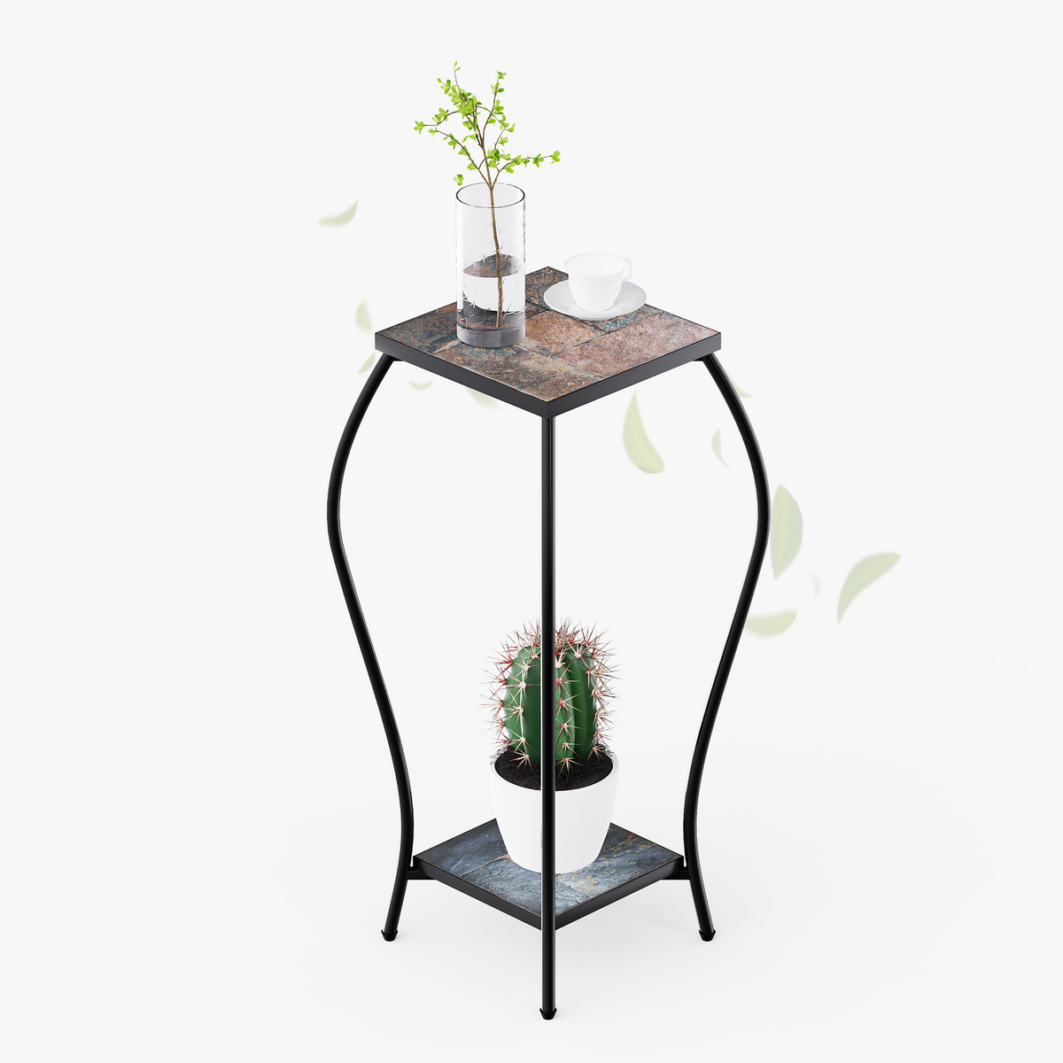 Zhongma 2-Tier 30" Tall Plant Stand with Colorful Slate Top, Indoor & Outdoor