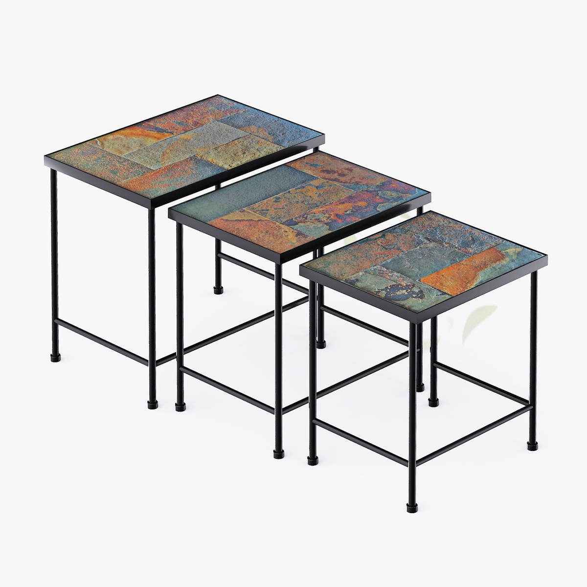 Set of 3 Nesting Tables with Natural Slate Tops, Metal Side & End Tables - Zhongma