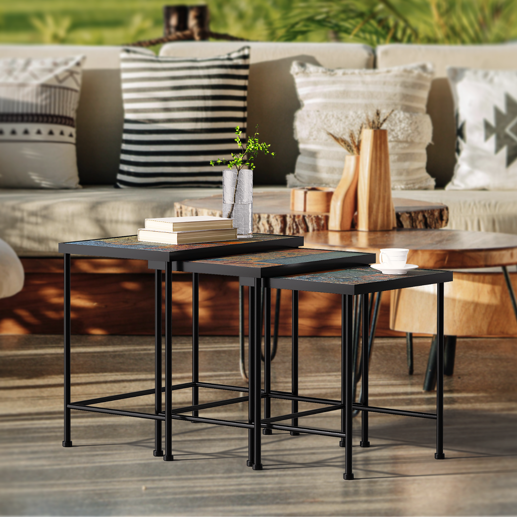 Set of 3 Nesting Tables with Natural Slate Tops, Metal Side & End Tables - Zhongma