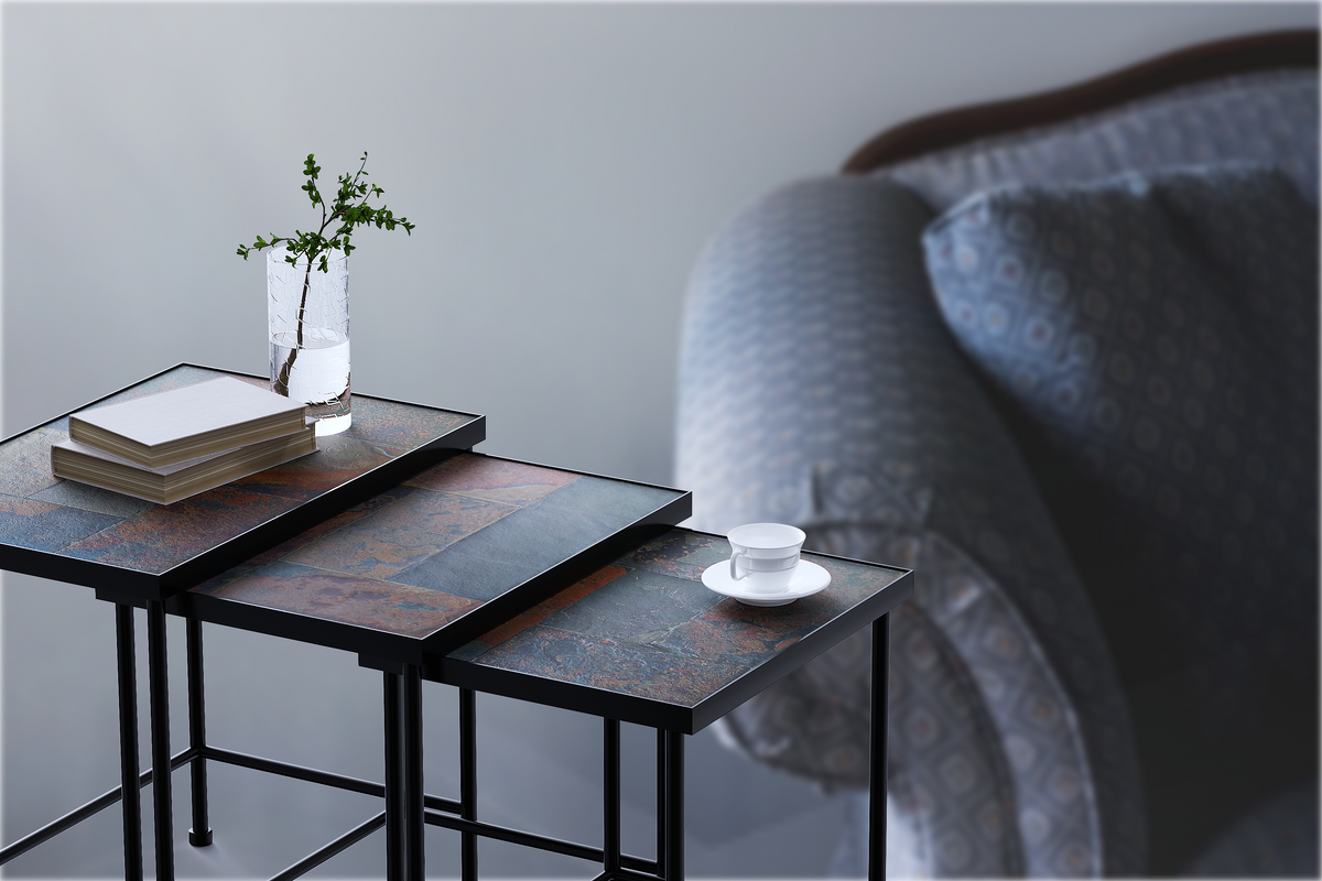 Set of 3 Nesting Tables with Natural Slate Tops, Metal Side & End Tables - Zhongma