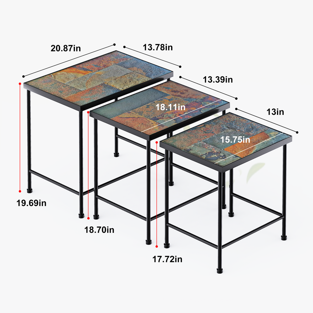 Set of 3 Nesting Tables with Natural Slate Tops, Metal Side & End Tables - Zhongma