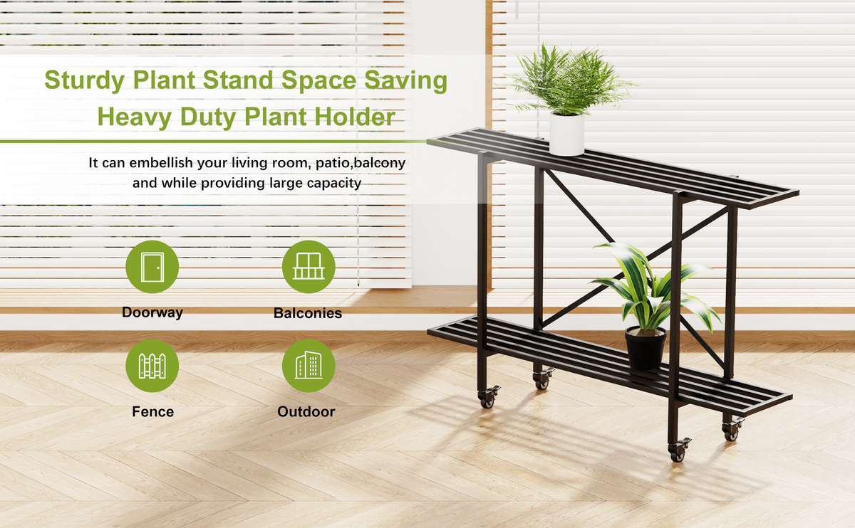 Zhongma 2-Tier Window Height Metal Plant Stand with Wheels, 45.7" Narrow