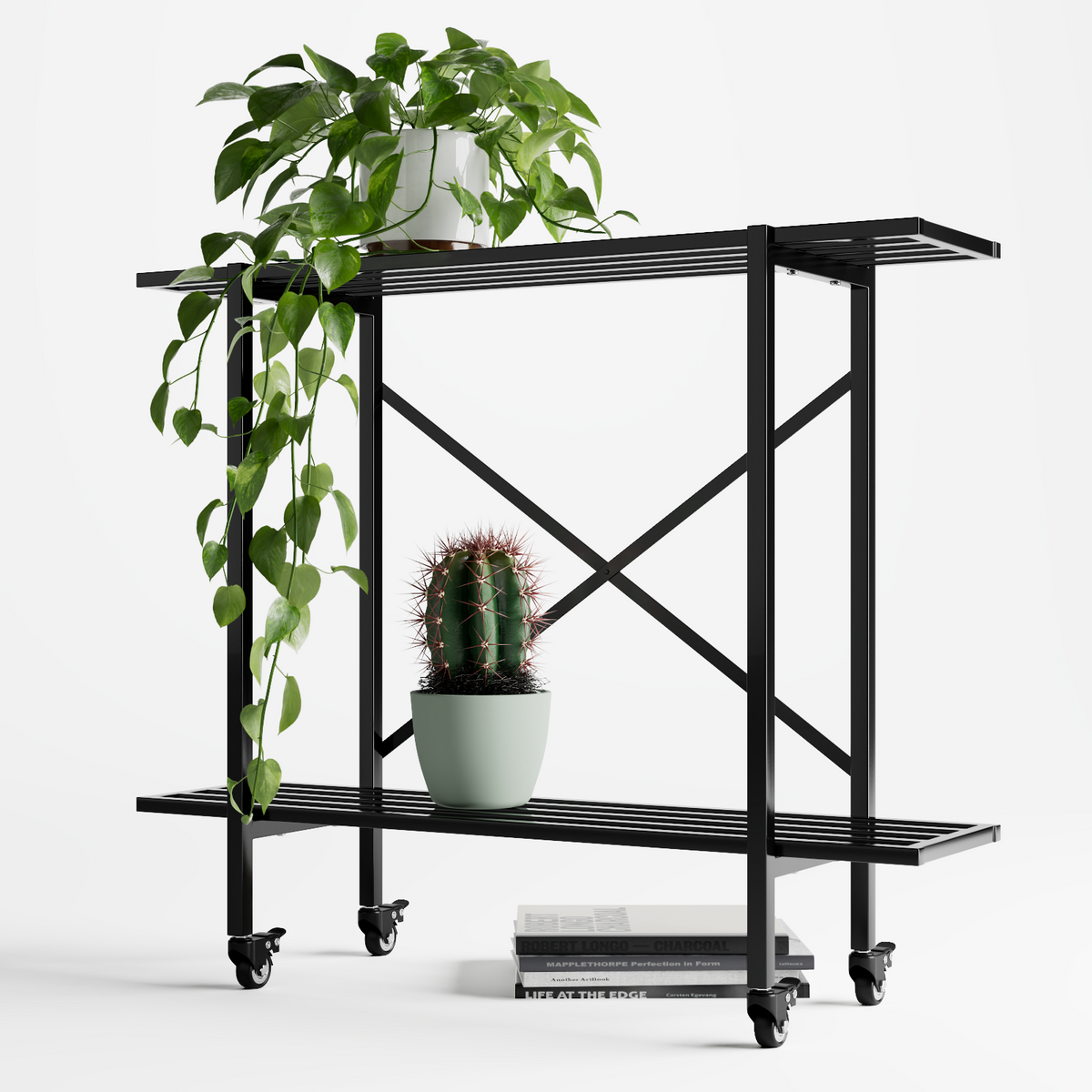 Zhongma 2-Tier Window Height Metal Plant Stand with Wheels, 35.4" Narrow