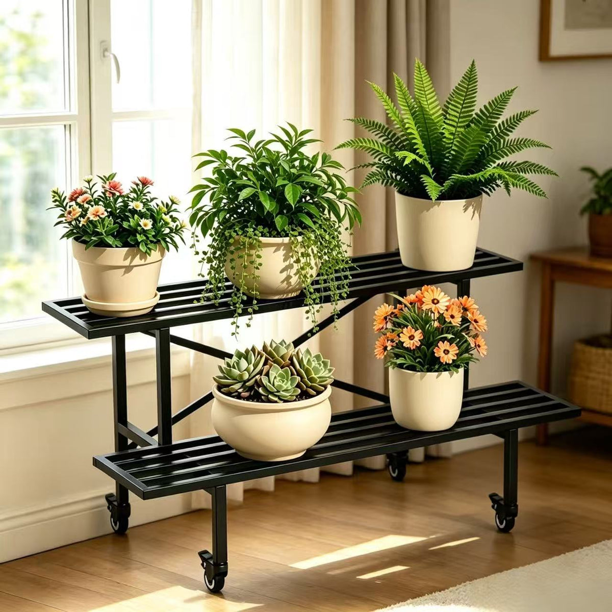 Zhongma 2-Tier Metal Plant Stand with Wheels, 35.4" Indoor & Outdoor Shelf