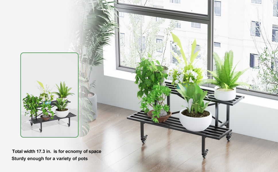Zhongma 2-Tier Metal Plant Stand with Wheels, 35.4" Indoor & Outdoor Shelf