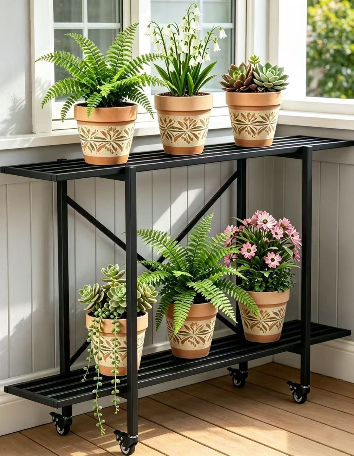 Zhongma 2-Tier Window Height Metal Plant Stand with Wheels, 45.7" Narrow
