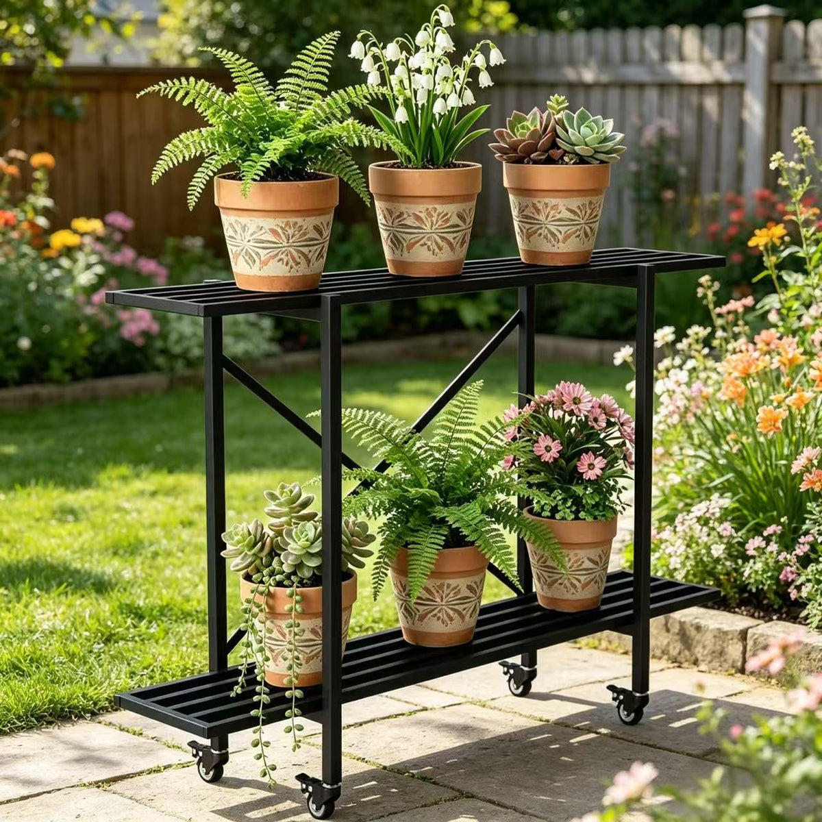 Zhongma 2-Tier Window Height Metal Plant Stand with Wheels, 35.4" Narrow
