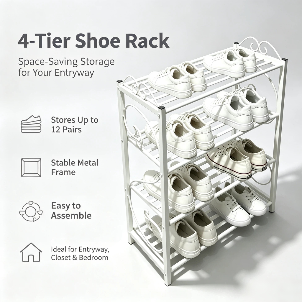 4-Tier White Metal Shoe Rack for Entryway, Solid Iron Scroll Sides