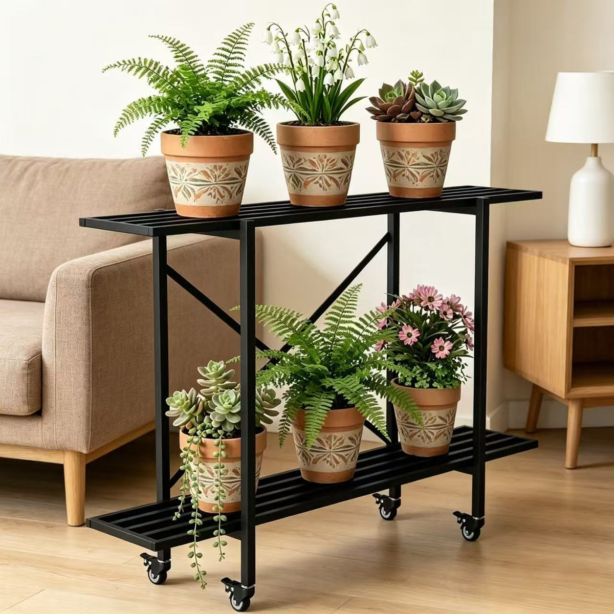 Zhongma 2-Tier Window Height Metal Plant Stand with Wheels, 35.4" Narrow