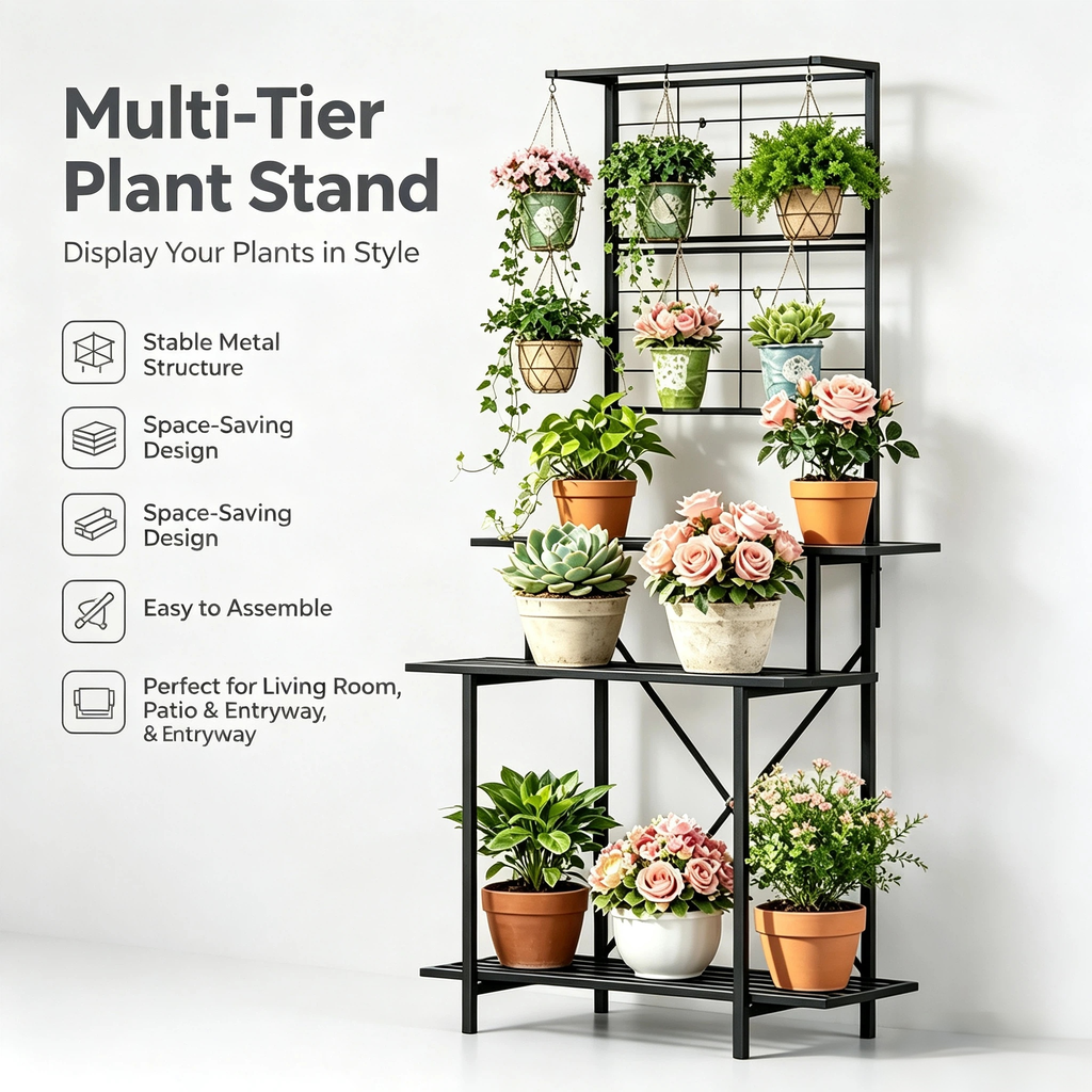 Tall Plant Stand with Hanging Shelf, 81.1" Tall, 660 lbs, 18.11" Deep, Indoor & Out
