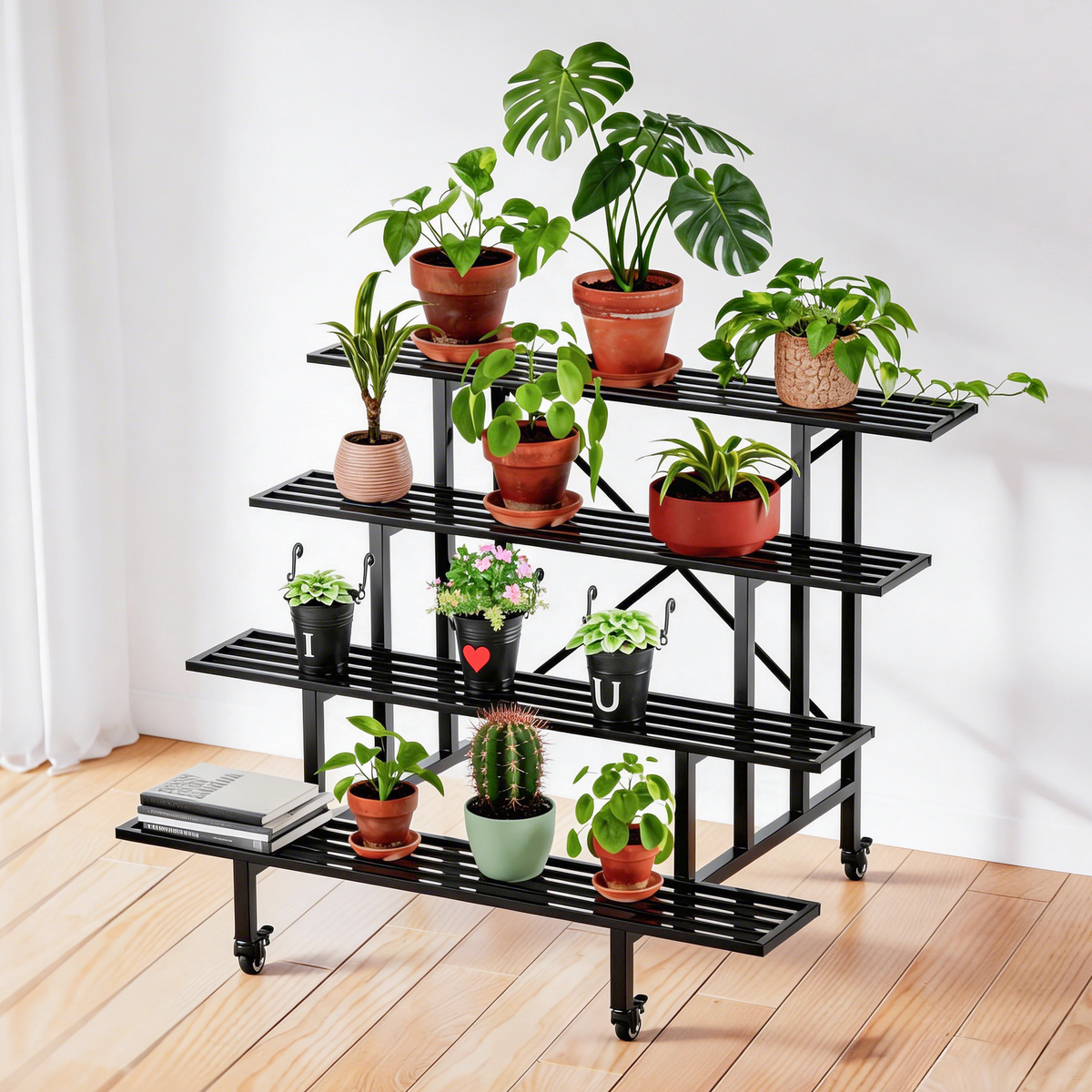 4-tier rolling plant stand with locking casters holding potted plants on a covered patio
Step design on the 4-tier plant stand so lower shelves are not shaded
Industrial-grade silent caster with non-marking PU wheel and brake on the plant stand
X-braced back frame on the 4-tier stepped metal plant stand
Slatted shelves draining water on the 4-tier rolling plant stand
Dimensions of the 4-tier plant stand: 45.65 inches long and 34.65 inches deep