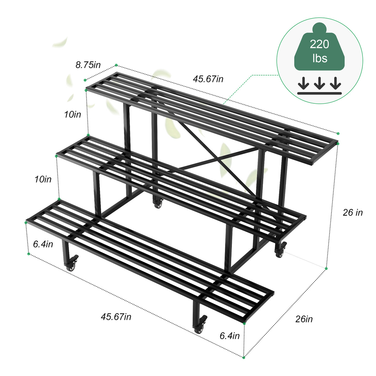 Zhongma 3-Tier Metal Plant Stand with Wheels, 45.7" Indoor & Outdoor Shelf