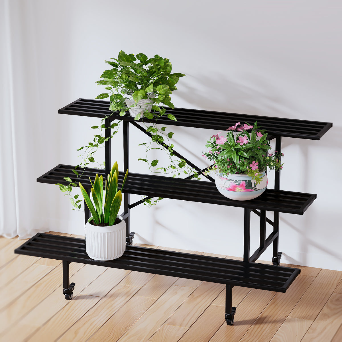 Zhongma 3-Tier Metal Plant Stand with Wheels, 45.7" Indoor & Outdoor Shelf