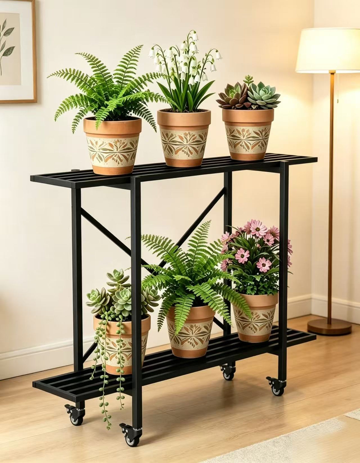 Zhongma 2-Tier Window Height Metal Plant Stand with Wheels, 45.7" Narrow