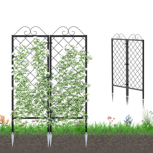 2-pack metal garden trellis with diamond lattice panels installed in a garden bed with climbing roses
53.5 inch tall metal trellis panel with aluminum ground stakes
77.2 inch tall lattice trellis panel with aluminum ground stakes
Two 16 inch trellis panels joined to make a 32 inch wide trellis
Aluminum ground stakes with rounded tips for the metal garden trellis
Diamond lattice close-up on the powder-coated steel garden trellis