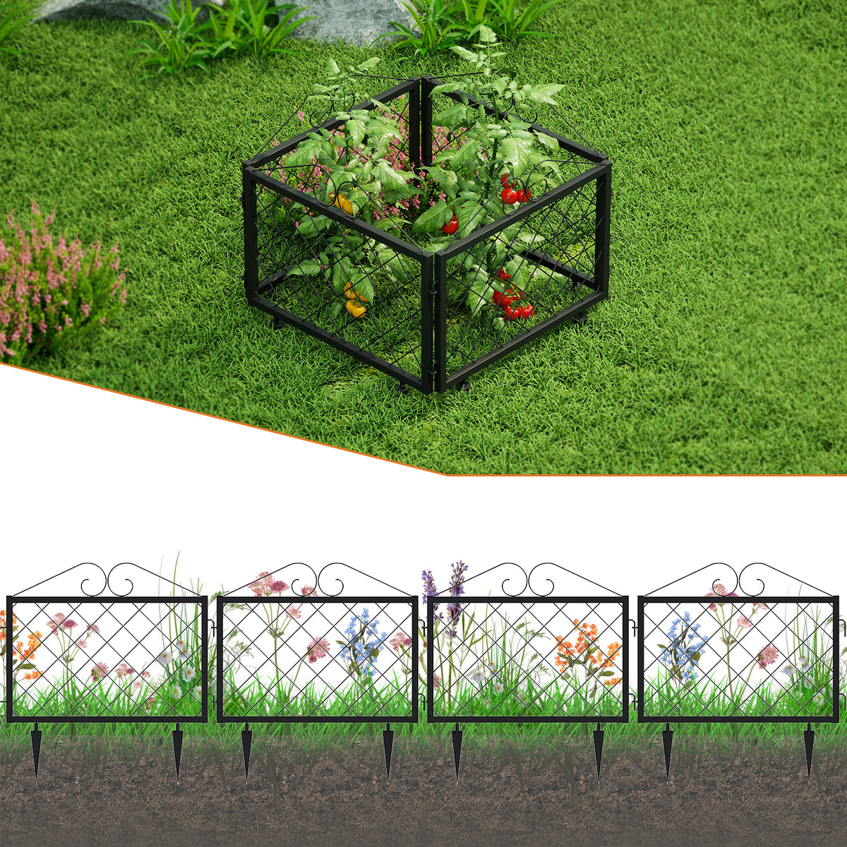 Decorative Metal Garden Fence Panels,4-Pack,26-Inch Tall, No-Dig Edging - Zhongma