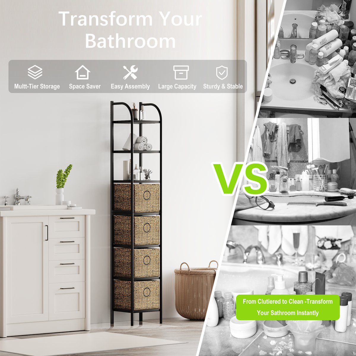 7-Tier Narrow Bathroom Storage Tower, 12.88-Inch Wide, Baskets & Slate - Zhongma